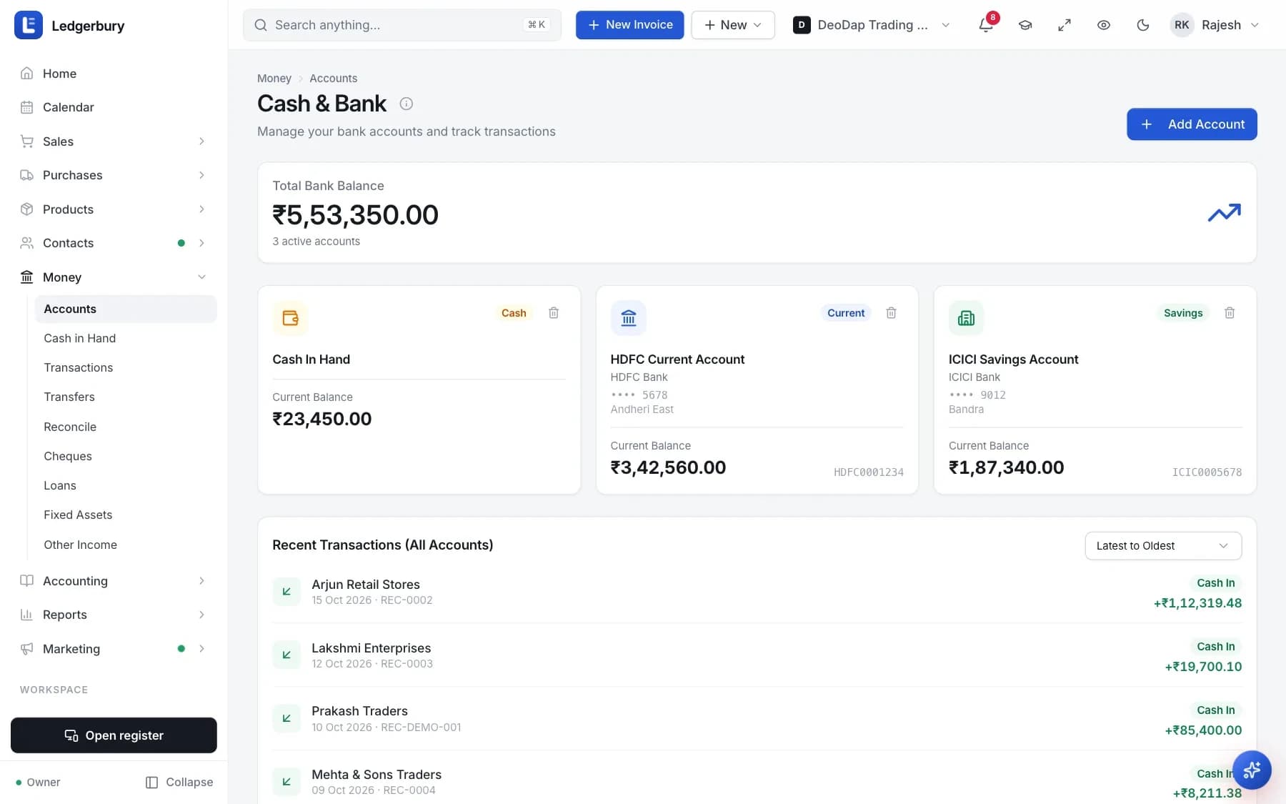 The Cash & Bank screen with a red banner showing Total Balance Across All Accounts, three account cards for Cash In Hand, an HDFC current account and an ICICI savings account, and a Recent Transactions list.