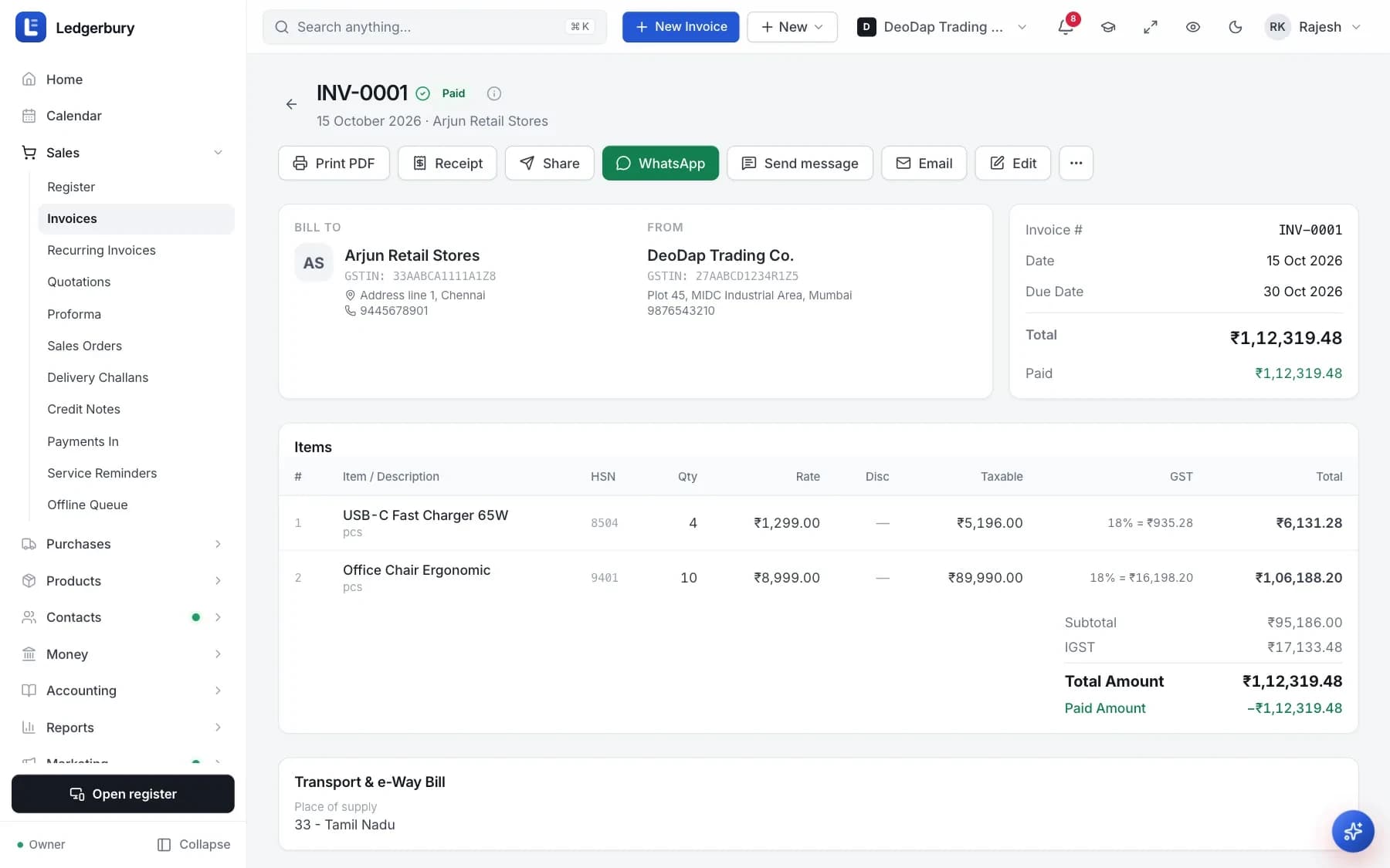 A saved invoice INV-0001 marked Paid, with Print PDF, Receipt, Share, WhatsApp, Email and Edit buttons across the top, billing details, an items table with HSN and GST columns, a totals block and a History timeline.