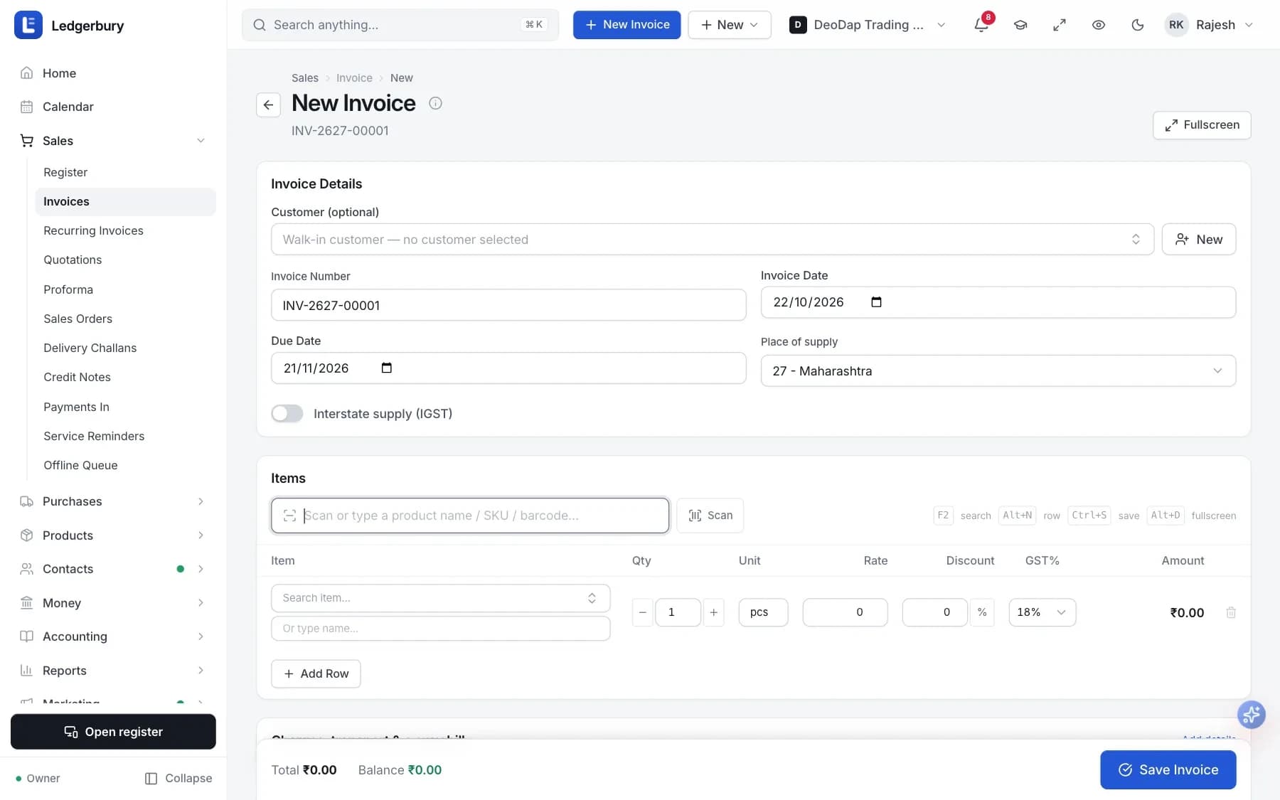 The New Invoice screen with a customer selected, invoice and due dates, an Interstate supply toggle, and an items table containing two products with quantity, rate, discount, GST percentage and amount columns. A Save Invoice button sits in the bottom bar.