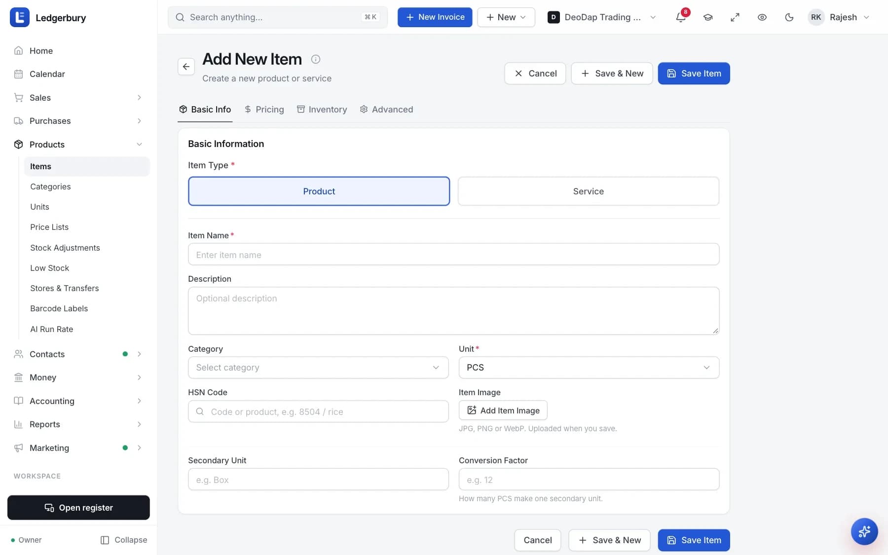 The Add New Item screen with Basic Info, Pricing, Inventory and Advanced tabs. The Basic Info tab shows a Product/Service switch, Item Name, Description, Category, Unit, HSN Code, Secondary Unit and Conversion Factor.