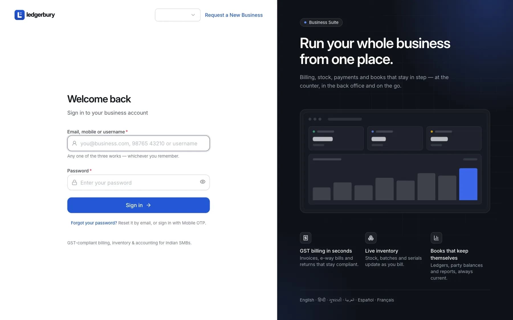 The Ledgerbury sign-in screen: a red brand panel on the left, and a 'Welcome back' card on the right with Password and Mobile OTP tabs, a login field, a password field and a Sign in button.