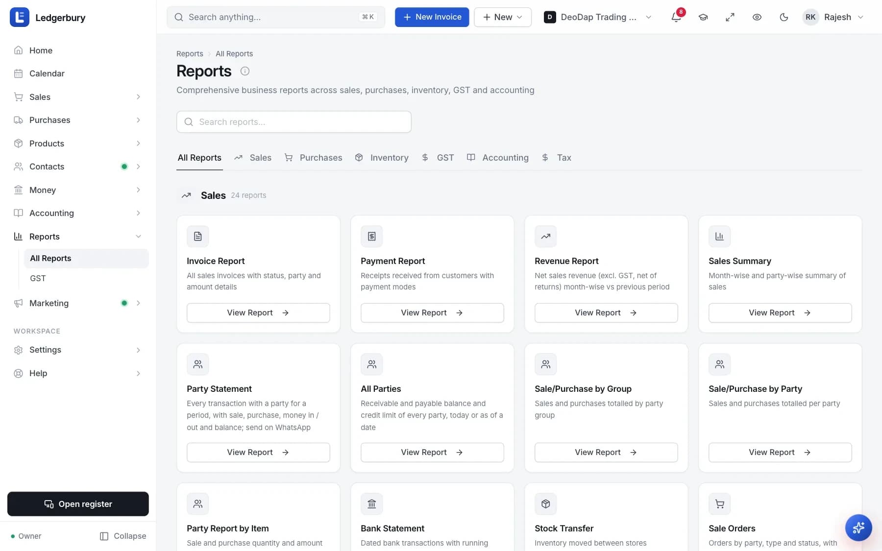 The Reports hub with tabs for All Reports, Sales, Purchases, Inventory, GST, Accounting and Tax, showing cards for Invoice Report, Payment Report, Revenue Report, Sales Summary, Party Statement and more, each with a View Report button.