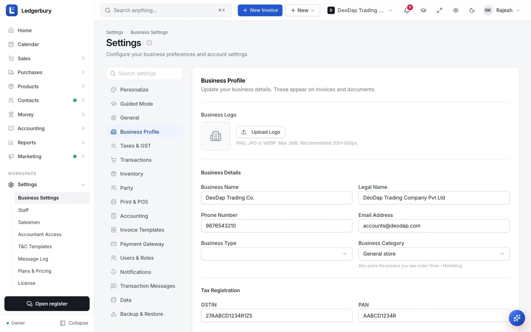 The Settings screen with a list of setting groups on the left (Personalize, General, Business Profile, Taxes & GST, Print & POS and more) and the Business Profile form on the right showing logo upload, business name, phone, email, GSTIN and PAN.