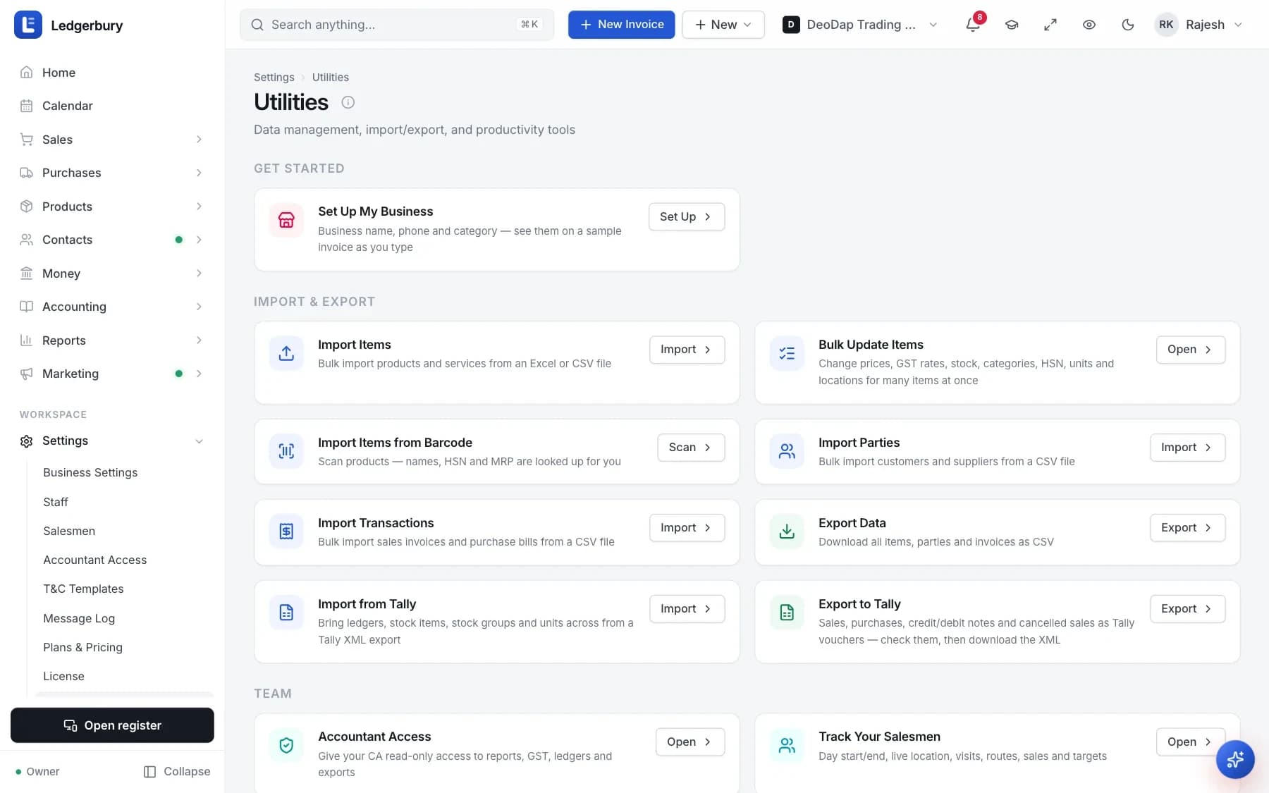 The Utilities screen grouped into Import & Export (Import Items, Import Parties, Import Transactions, Export Data, Import from Tally), Barcode & Labels (Barcode Generator, Label Printing) and Data Management (Backup Data, Restore Backup).