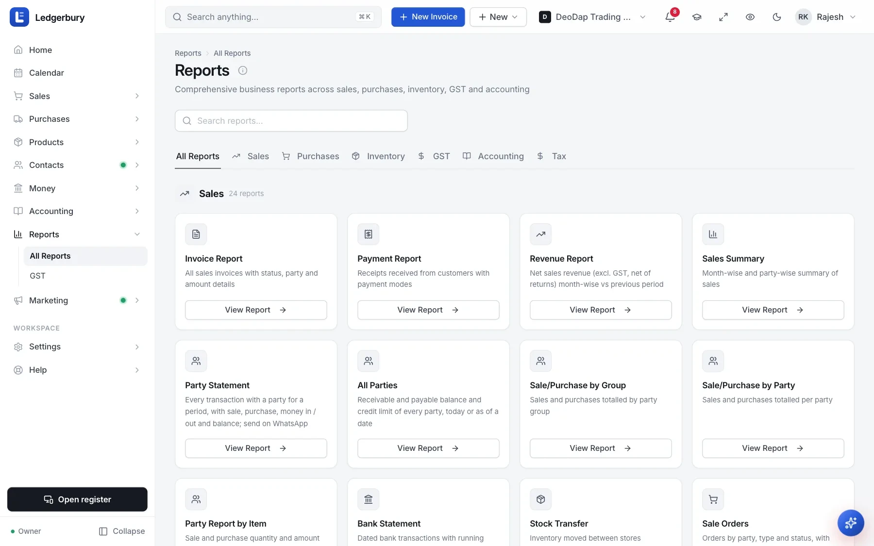 The Ledgerbury reports hub: tabs for sales, purchases, inventory, GST, accounting and tax, over cards for invoice, payment, revenue and party-statement reports.